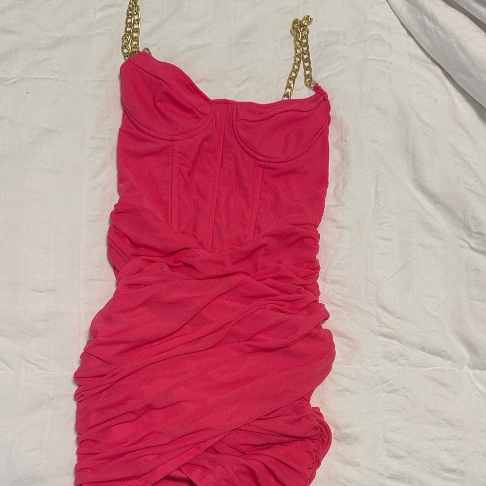 PrettyLittleThing Hot Pink Ruched Bodycon Dress with Gold Chain Straps